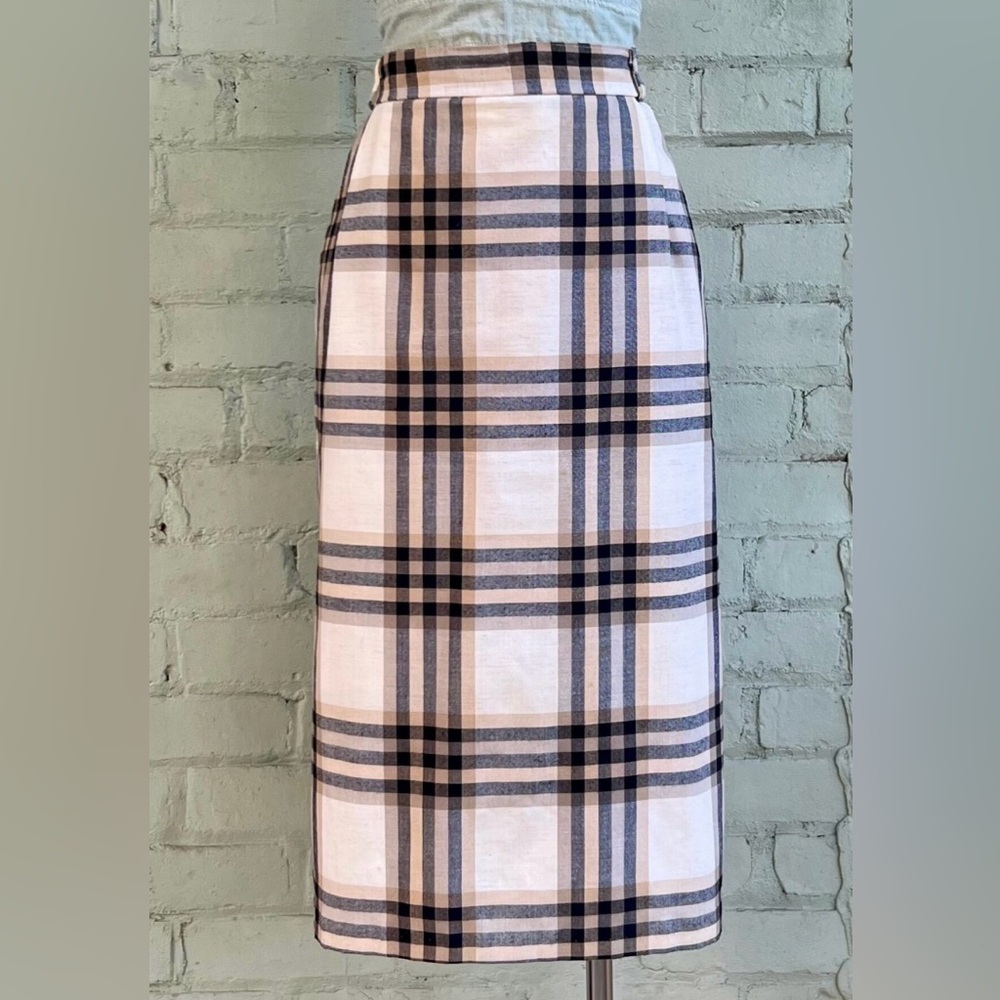 Vintage Plaid Midi Skirt in Beige and Navy Blue - large